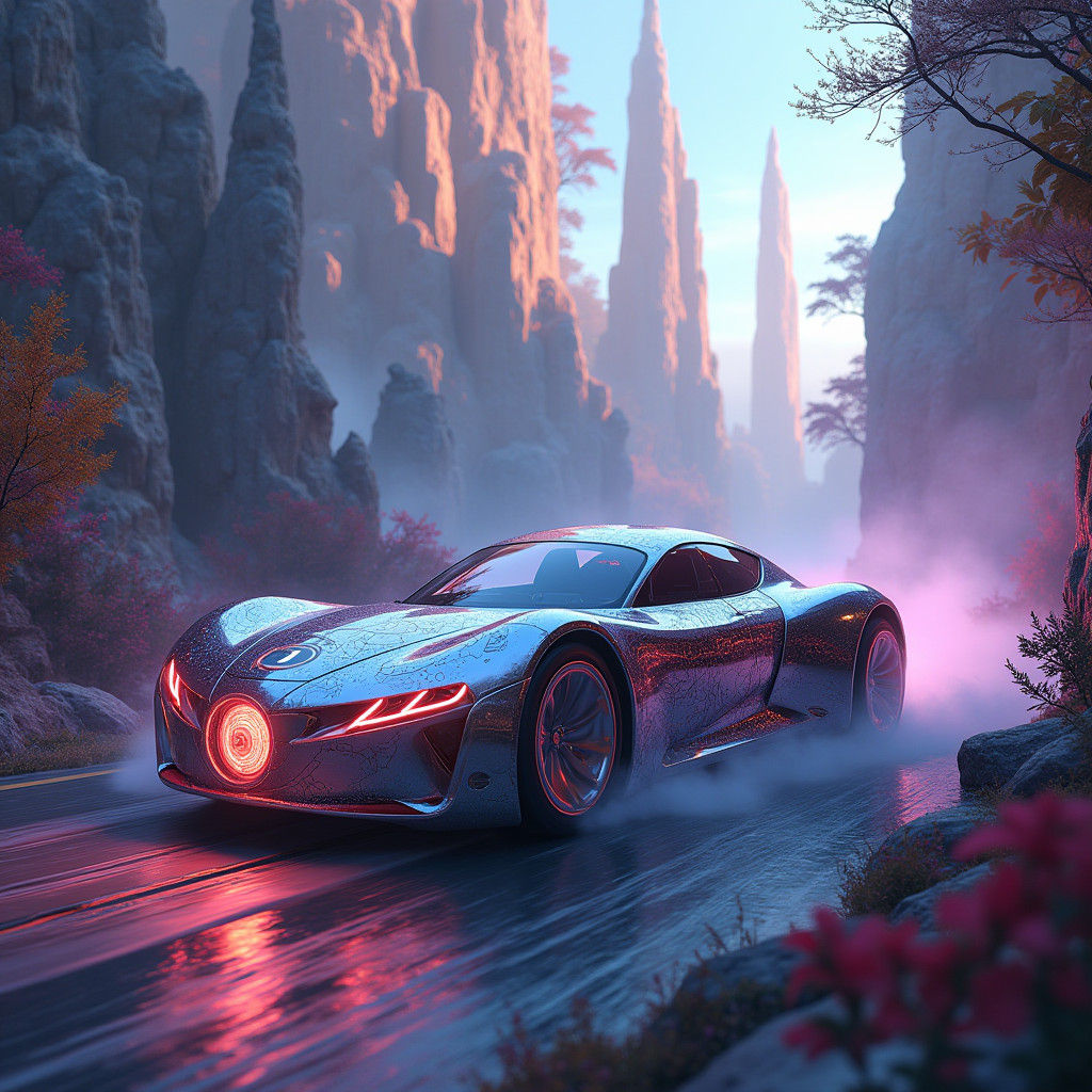 Futuristic Truck Speeding Through Dreamlike Landscape