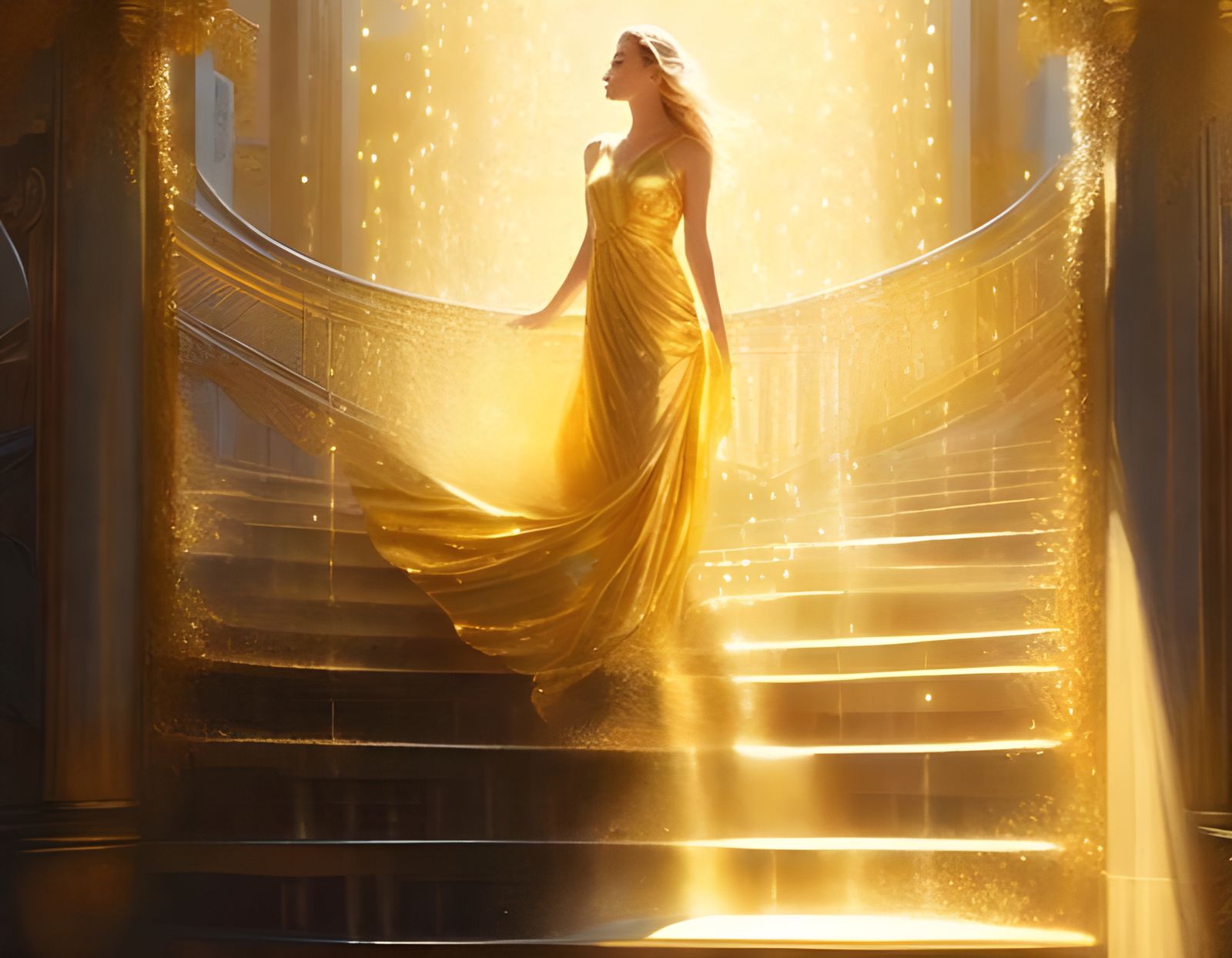 Golden Woman on Staircase Bathed in Sunlight