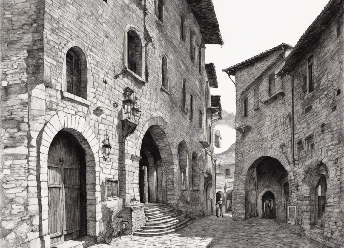 Intricate Pen and Ink Drawing of Gubbio, Italy