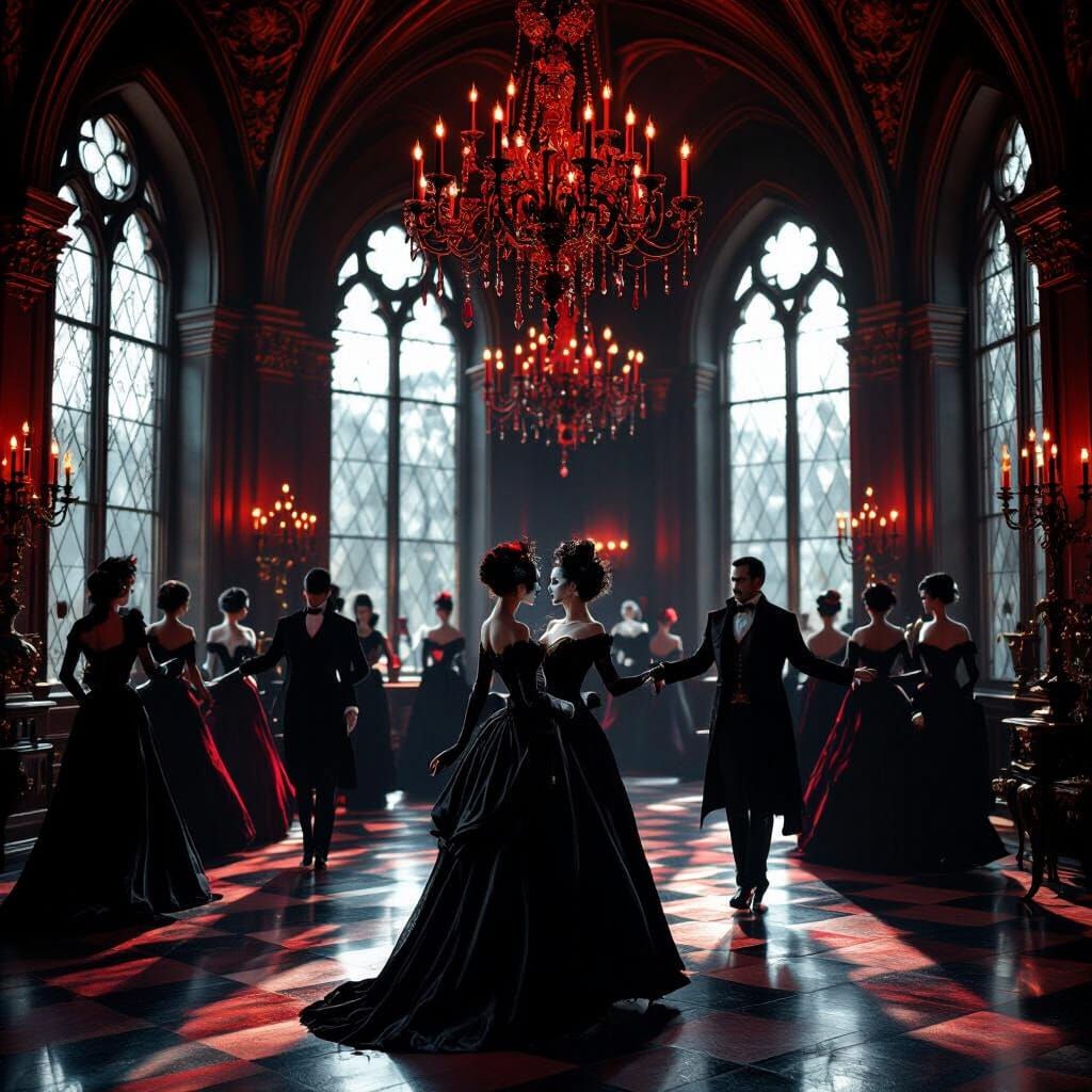 Gothic Ballroom Waltz: Elegant Vampires in Moody Candlelight