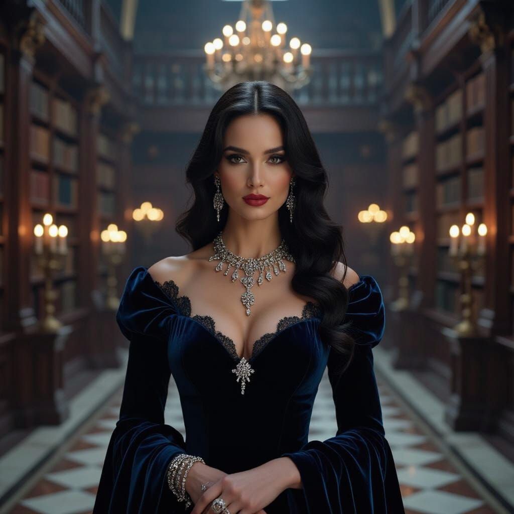 Elegant Woman in Grand Hall with Cinematic Lighting