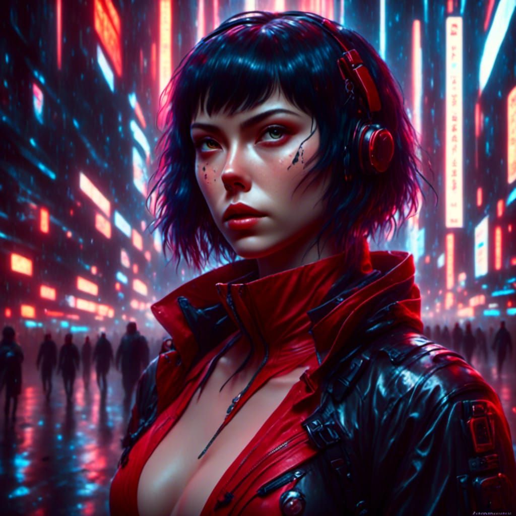 Bust portrait of Ghost in the Shell, Motoko Kusinagi in a black and red collared jacket 8K resolution Unreal Engine 5 <l...