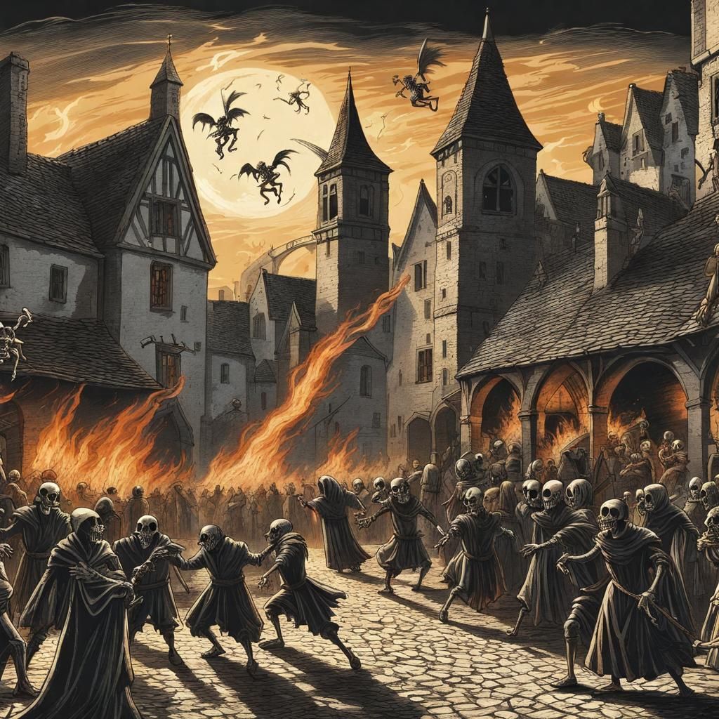 Black Plague Scene with Dancing Skeletons