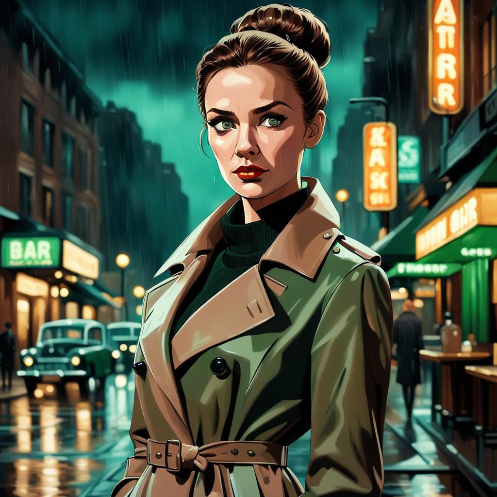 1960s Female Detective in Rainy Cityscape