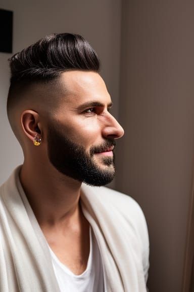 A handsome young man with brown hair and a beard wearing a t-shirt