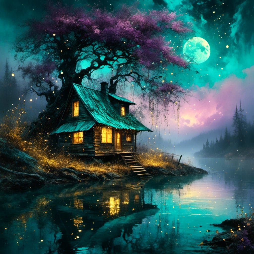 Misty Lakeside Cabin in Magical Realism Style