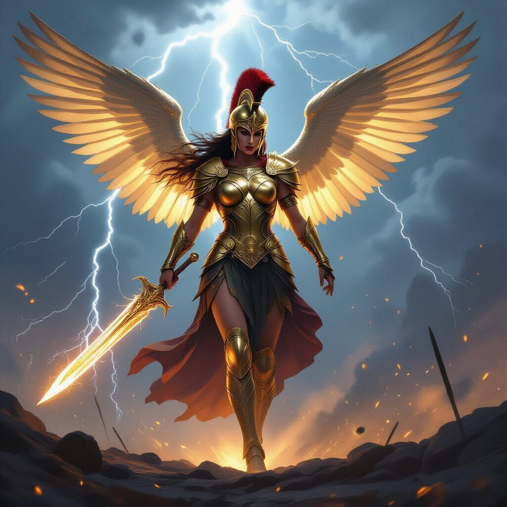 Winged Warrior in Golden Armor Descends from Stormy Sky