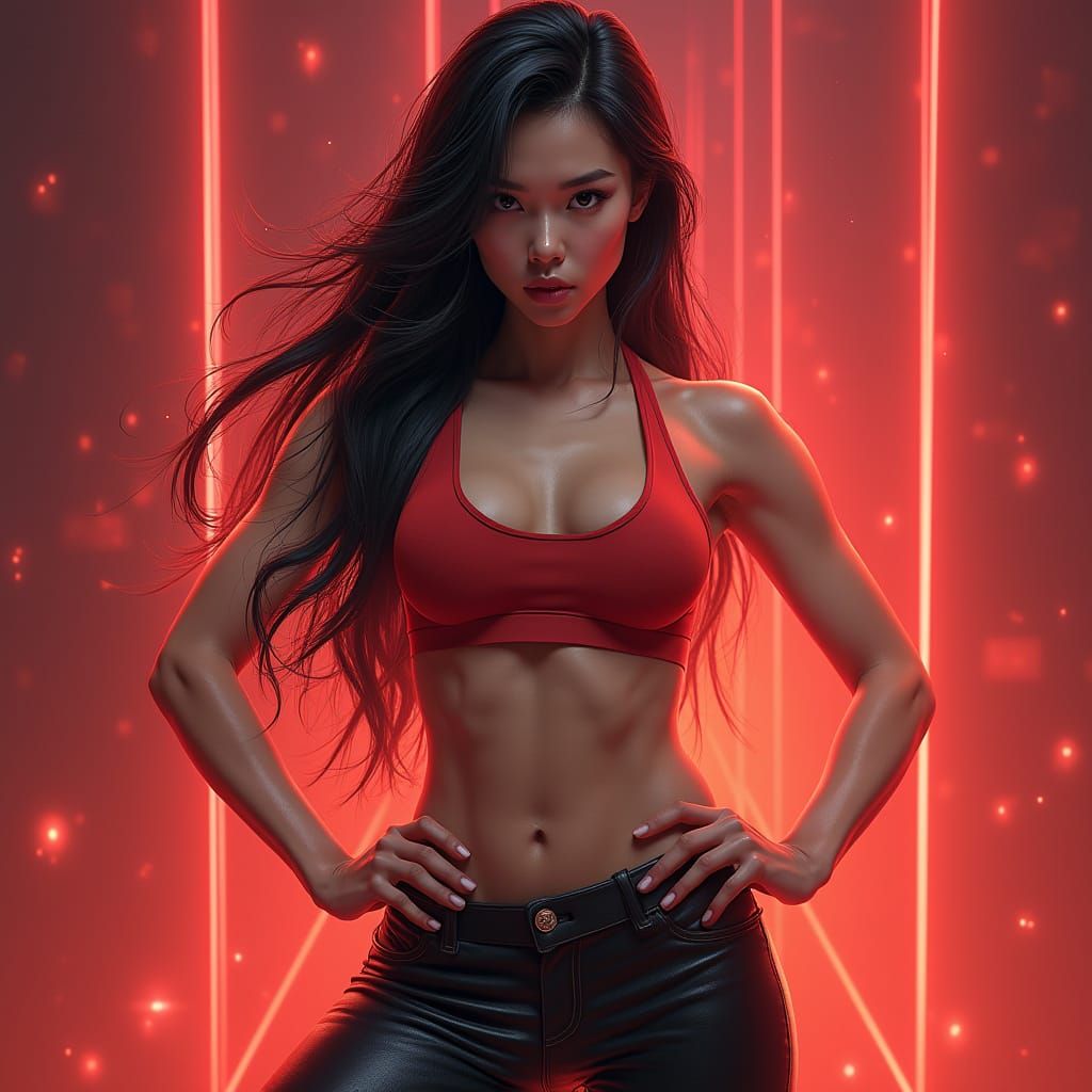 Strong Asian Fitness Model in Leather Pants