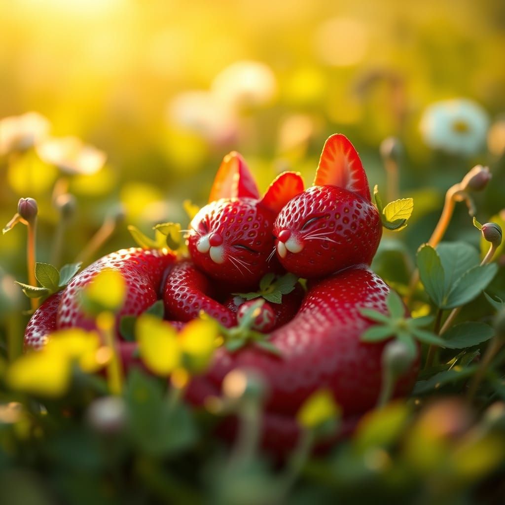 Whimsical Strawberry Felines in a Sun-Drenched Meadow