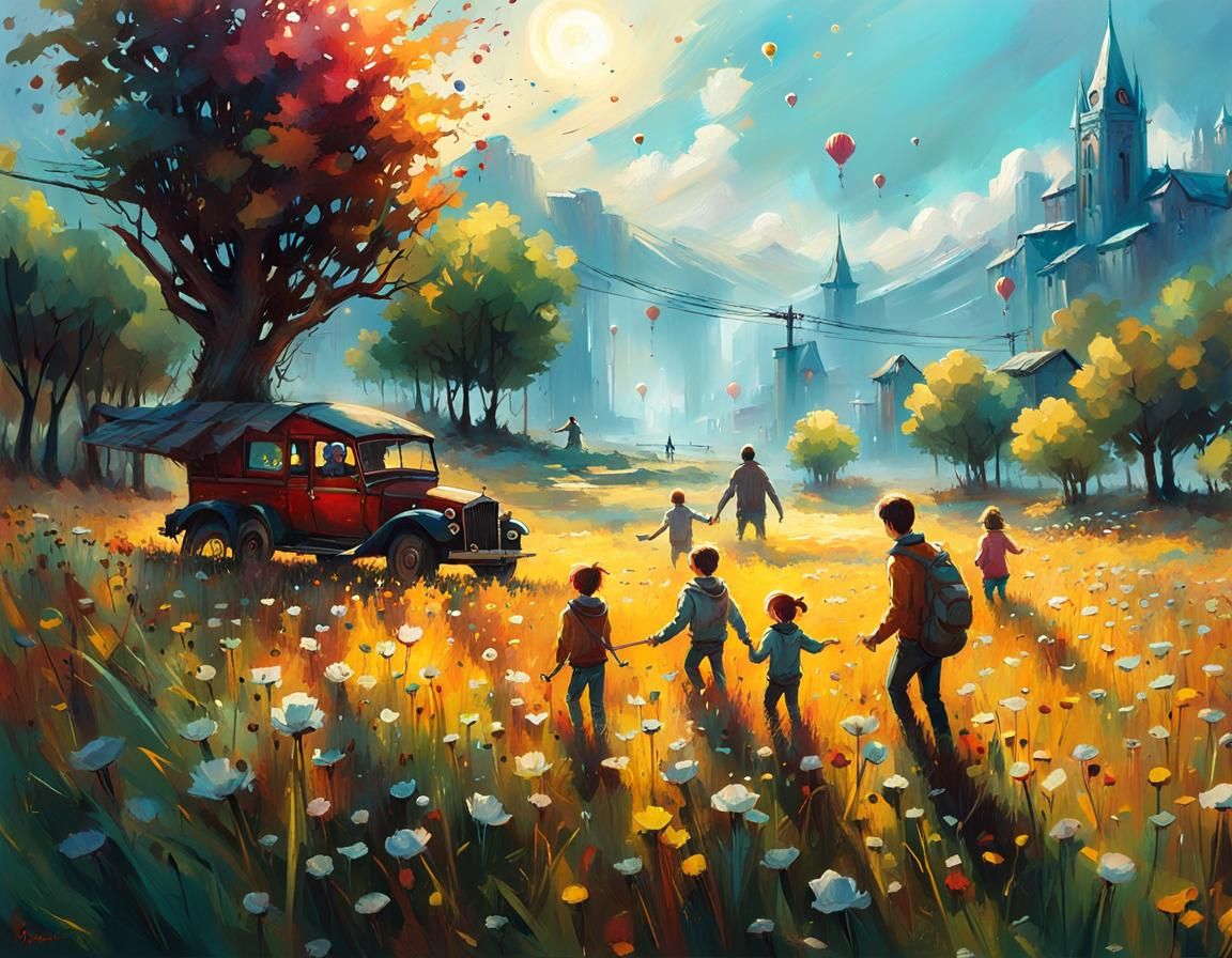 Magical Family in Field: Trash Polka Aerial View