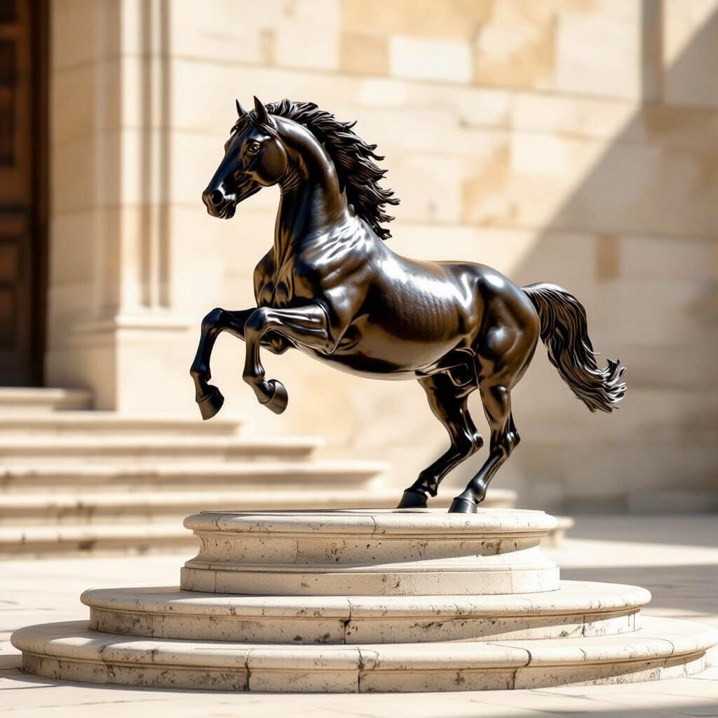 Bronze Horse Statue Leaping from Pedestal on Ancient Steps