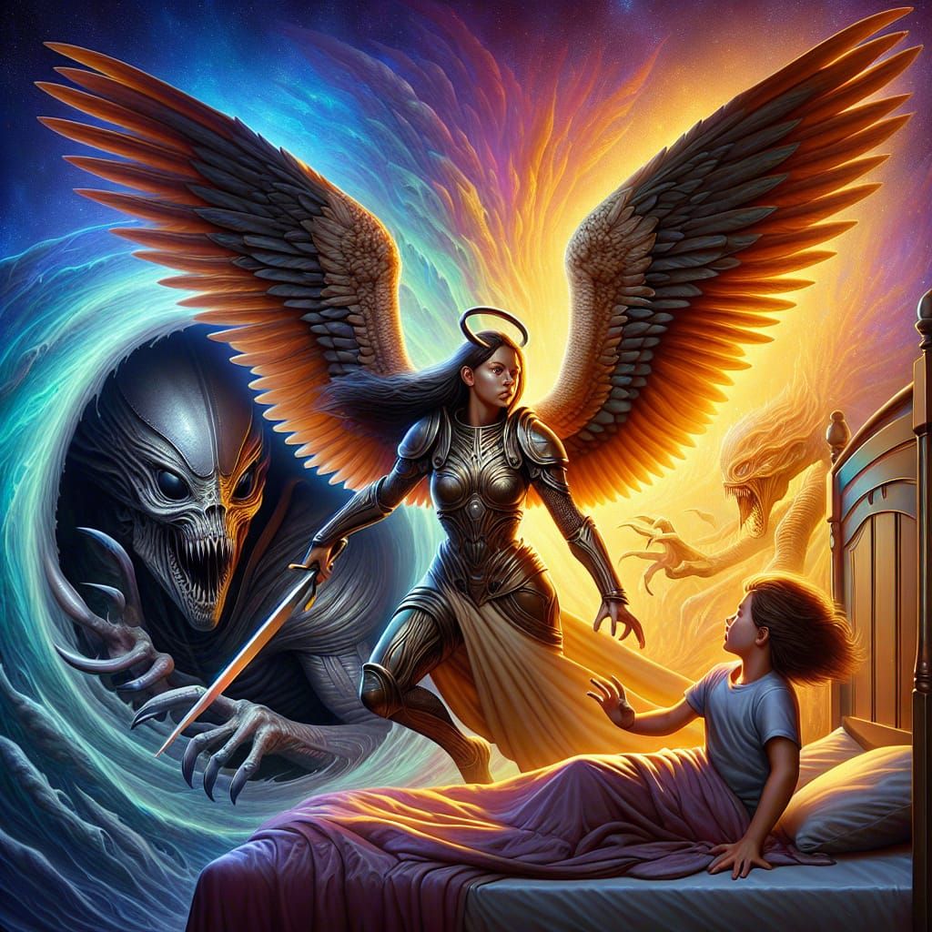 Winged Archangel Rescues Child: Hyperrealistic Splash Art