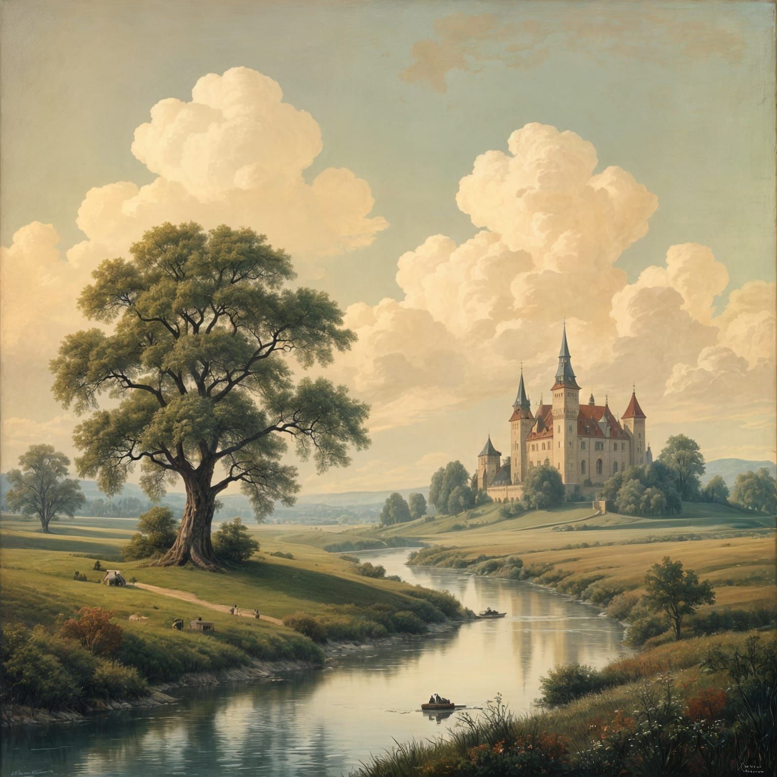 Antique Castle Landscape with River Cloudscape