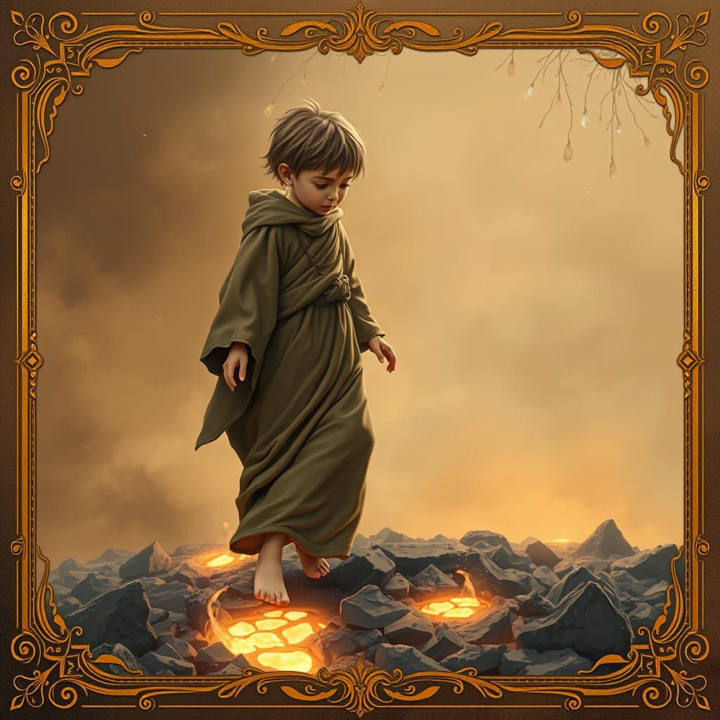 Ethereal Figure Walking Through Ashes in Art Nouveau Style