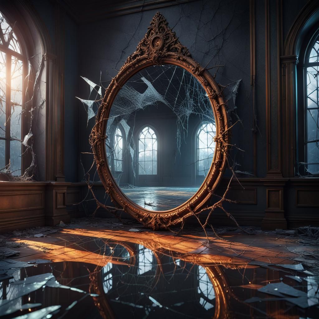 Cracked Mirror Reflecting Light in Dark Fantasy Style