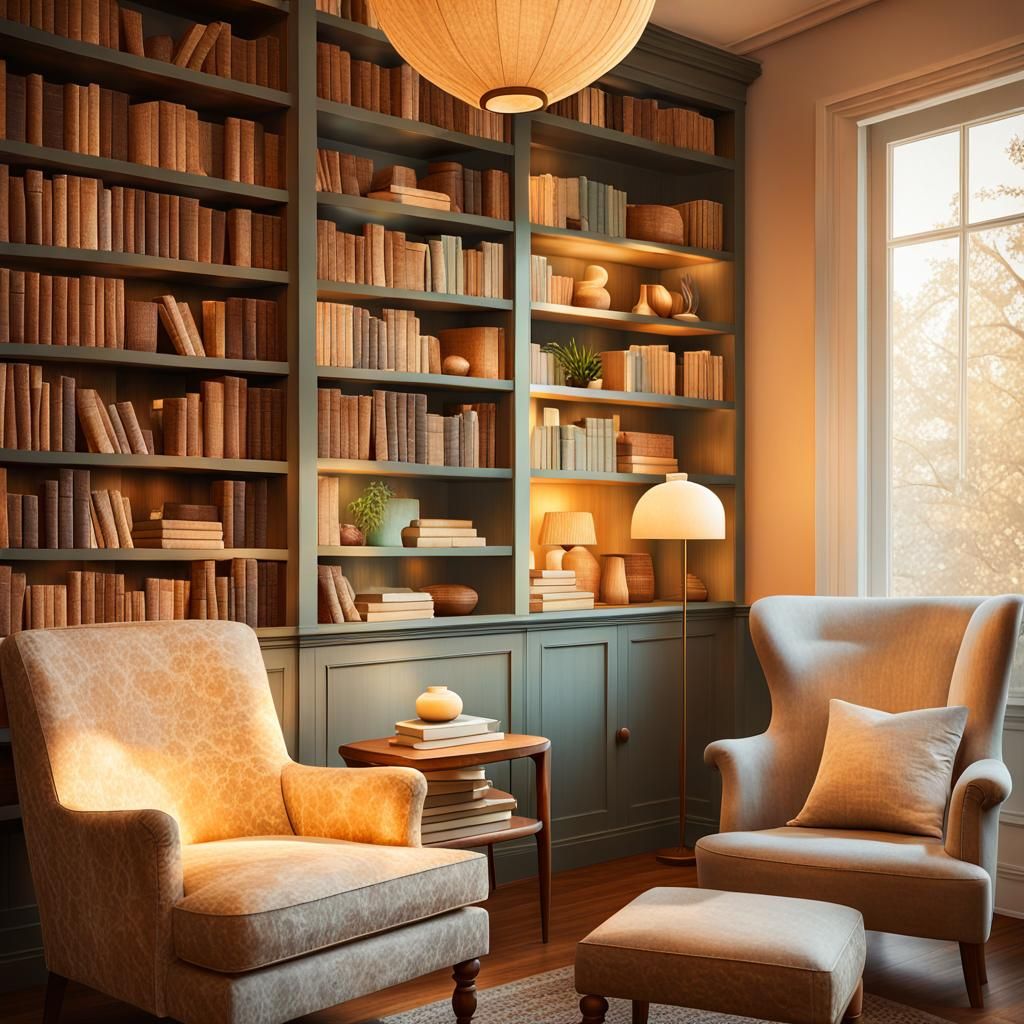 Cozy Minimalist Home Library in Golden Light