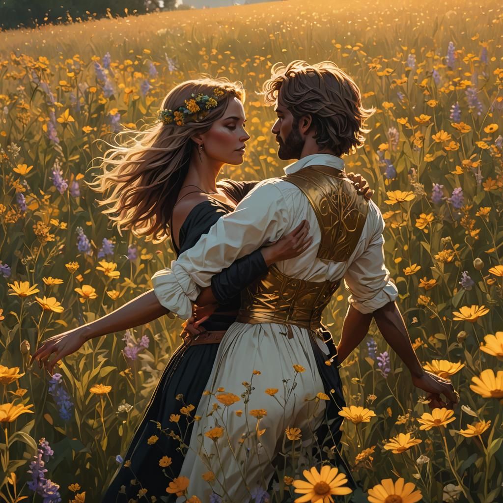 Golden Silhouettes: Couple Dancing in Wildflowers