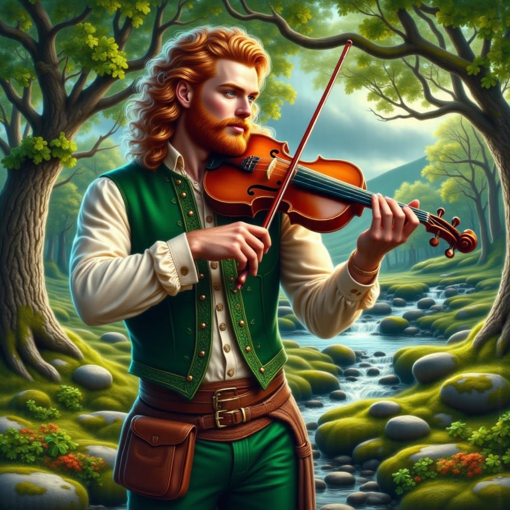 A Handsome Irish Musician Plays the Fiddle in a Forest Grove