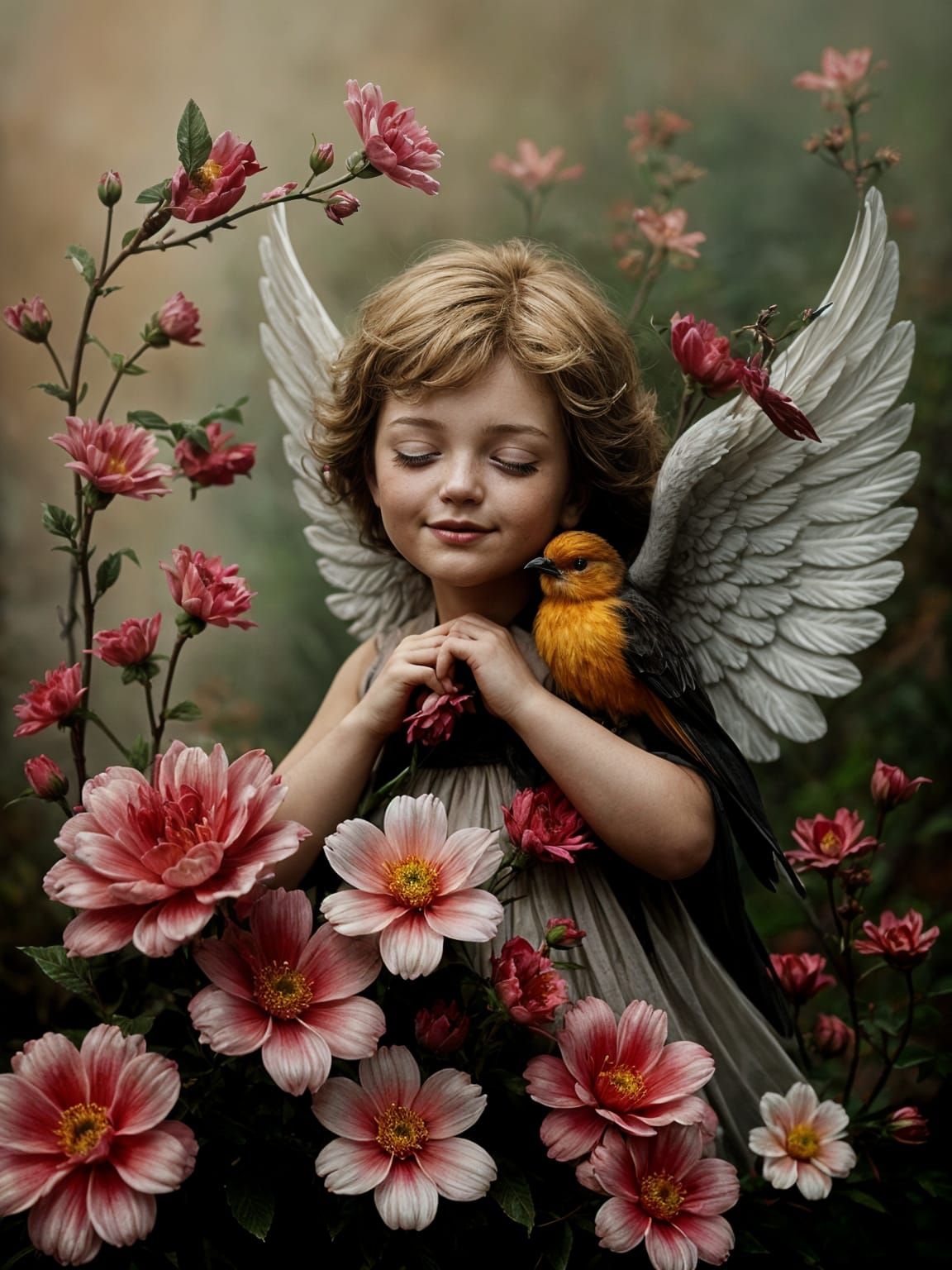 Gentle Angel Smiling Amidst Birds and Flowers