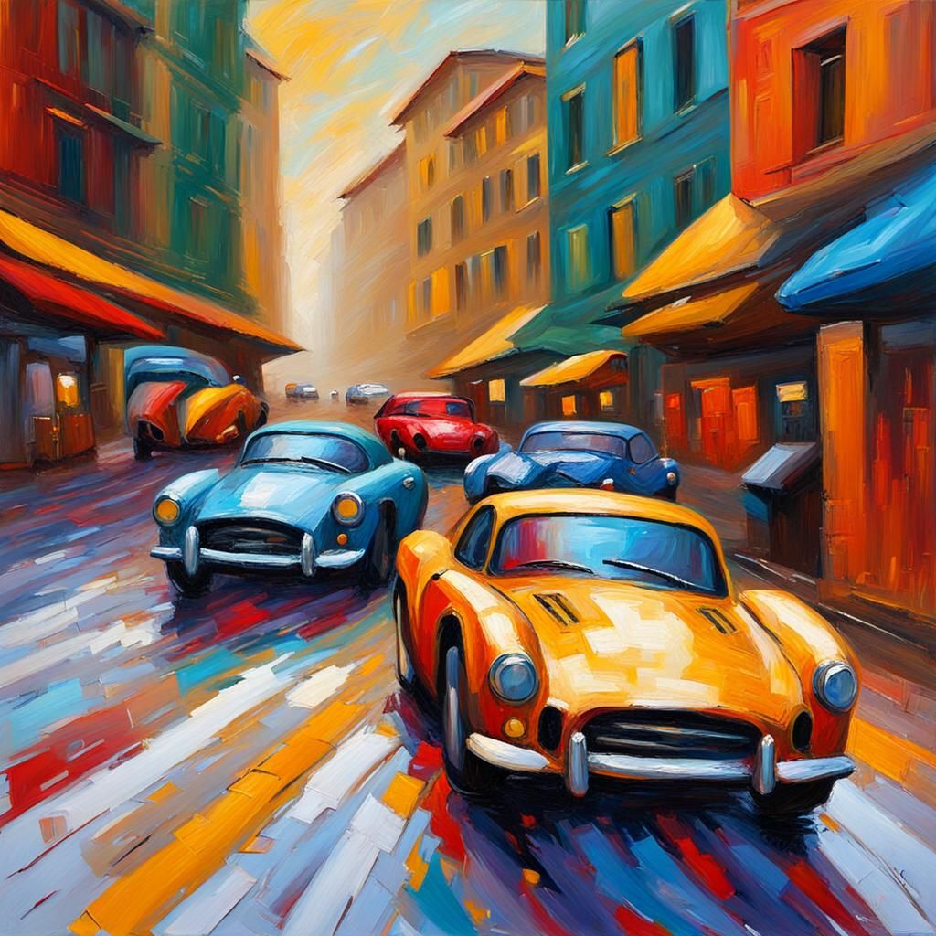 Cars Racing in Neo-Impressionist Oil Painting