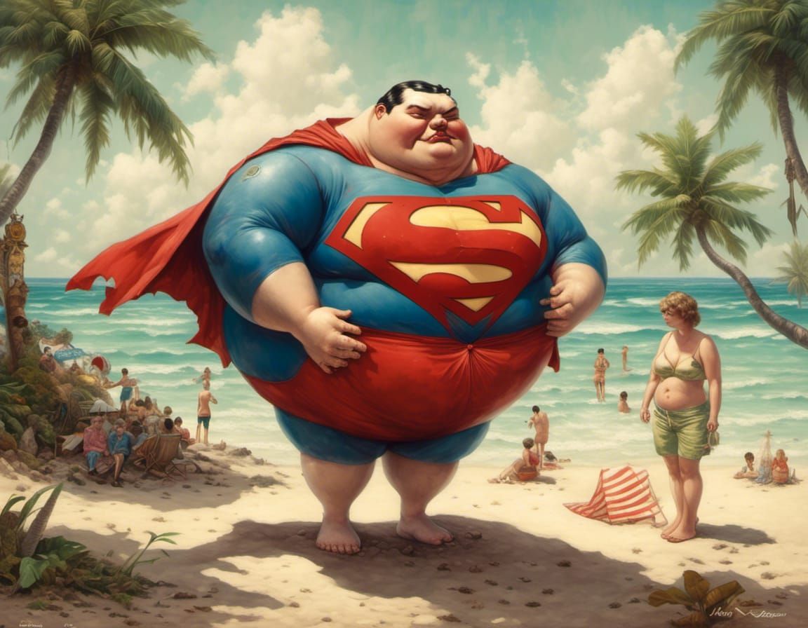Obese Superman's Tropical Beach Vacation Portrait
