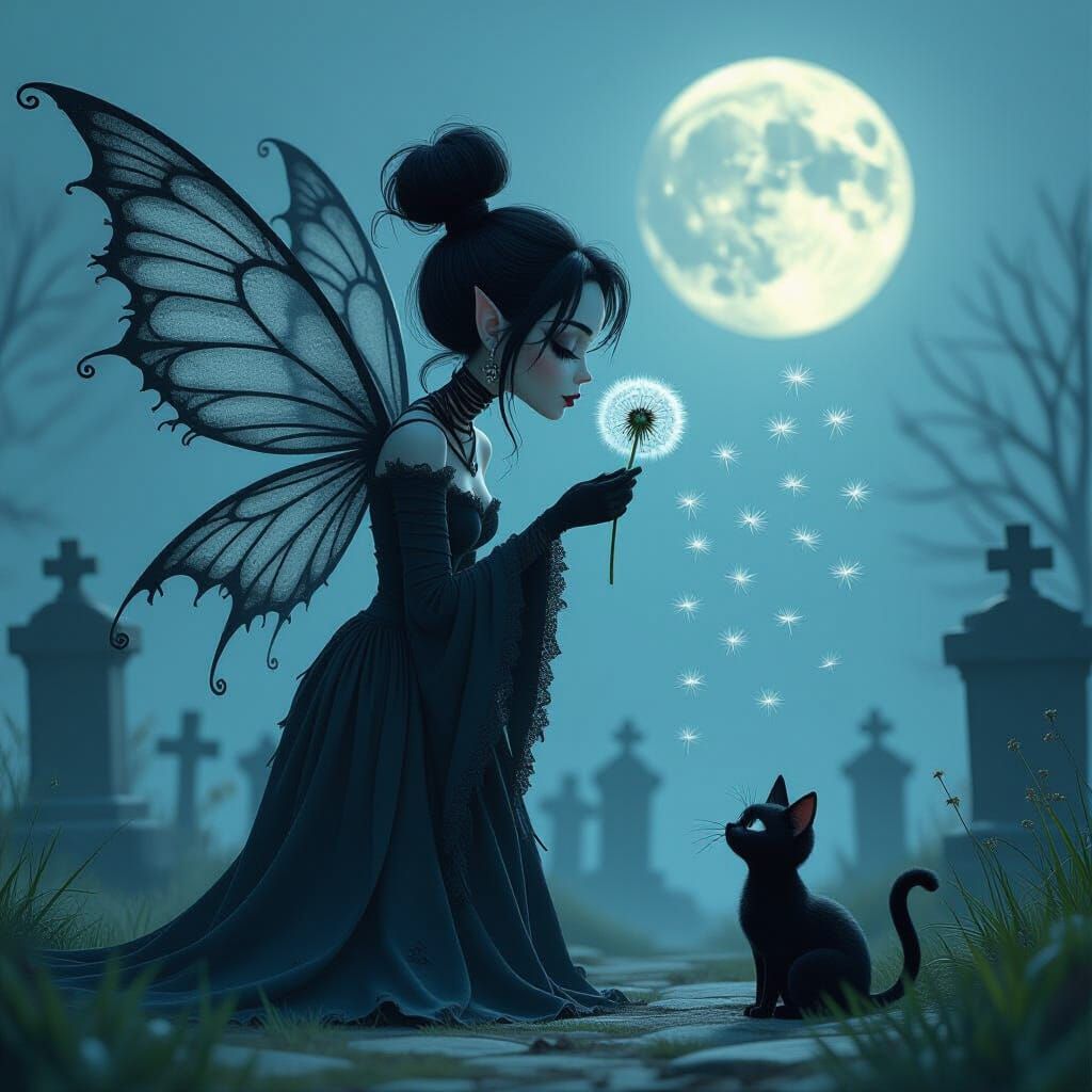 Gothic Fairy in Cemetery with Dandelion Seeds