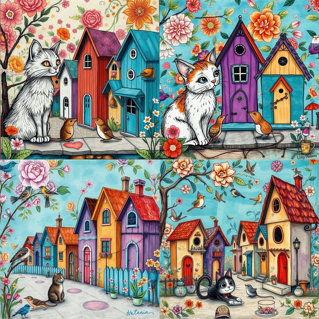 Surreal Cartoon Street Scene with Tiny Houses and Whimsical ...