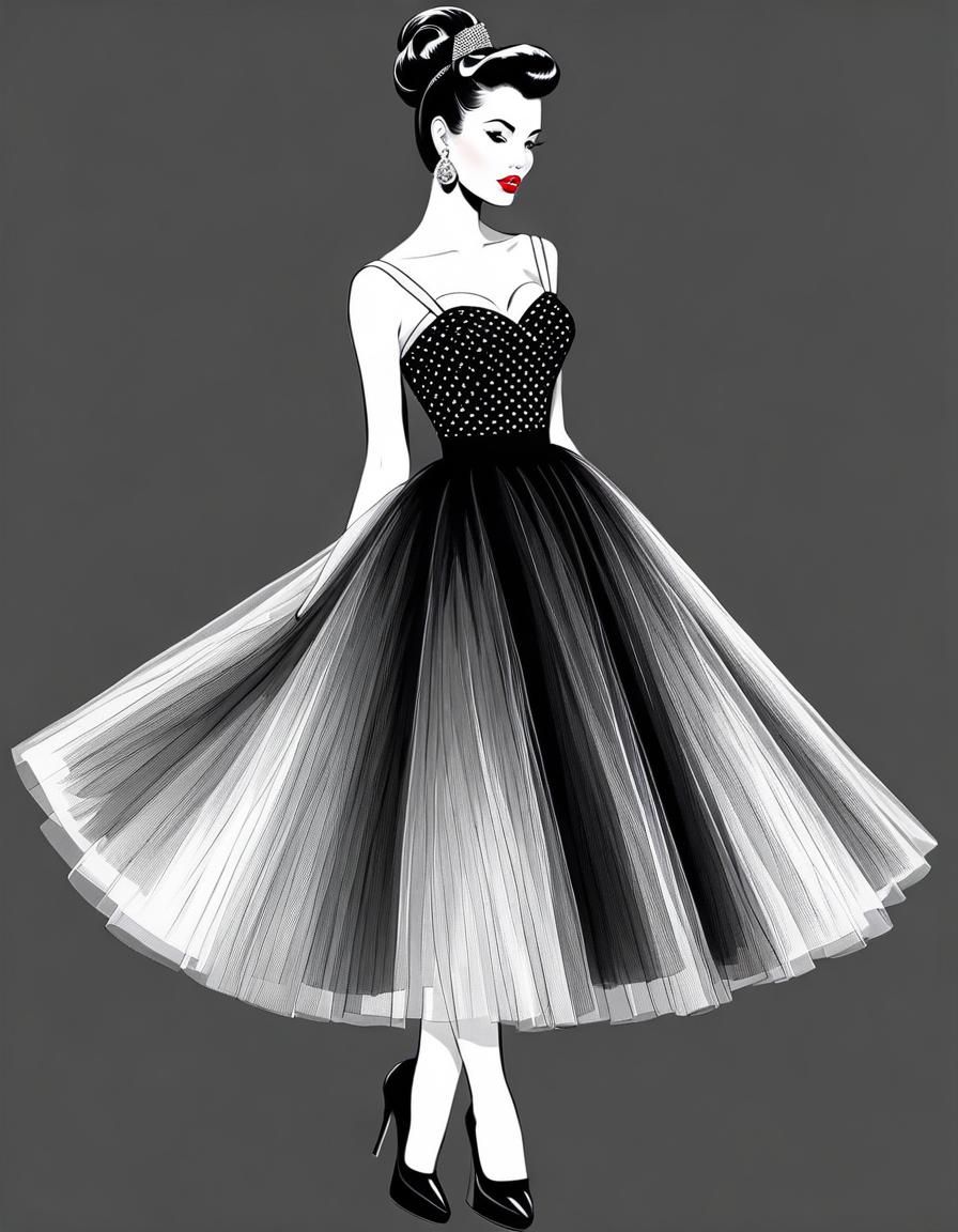 Retro 1950s Brunette in Line Art Style