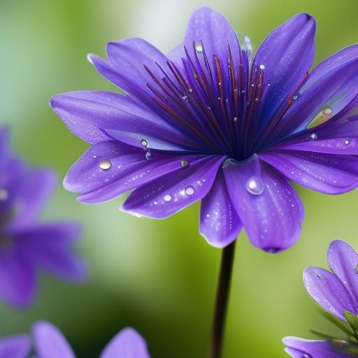 Hyperrealistic Violet Flower Portrait with Dew Drops