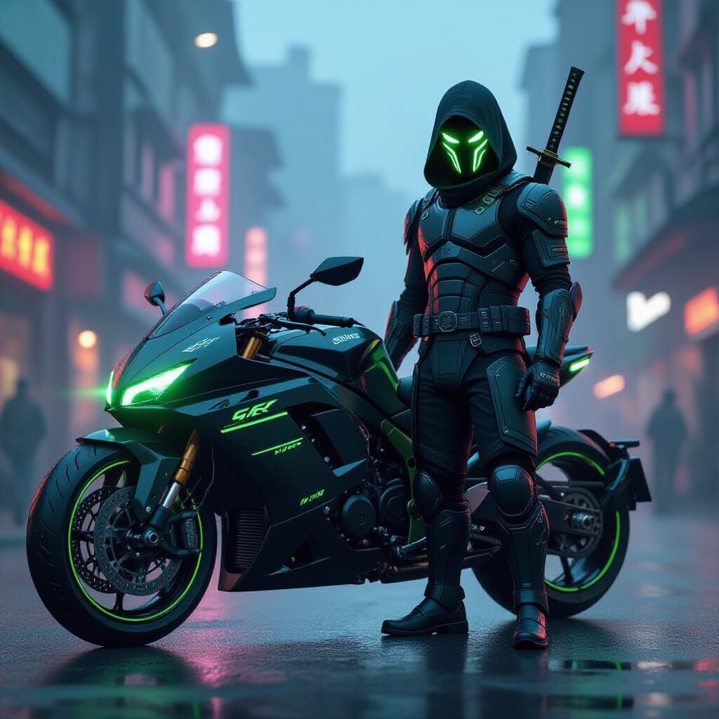 Cyberpunk Ninja with Futuristic Motorcycle