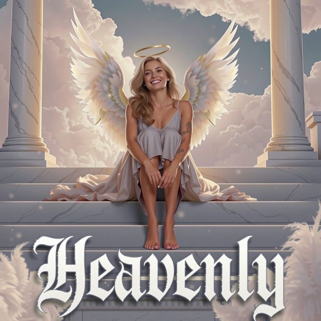 Smiling Angel in the Clouds with Golden Halo