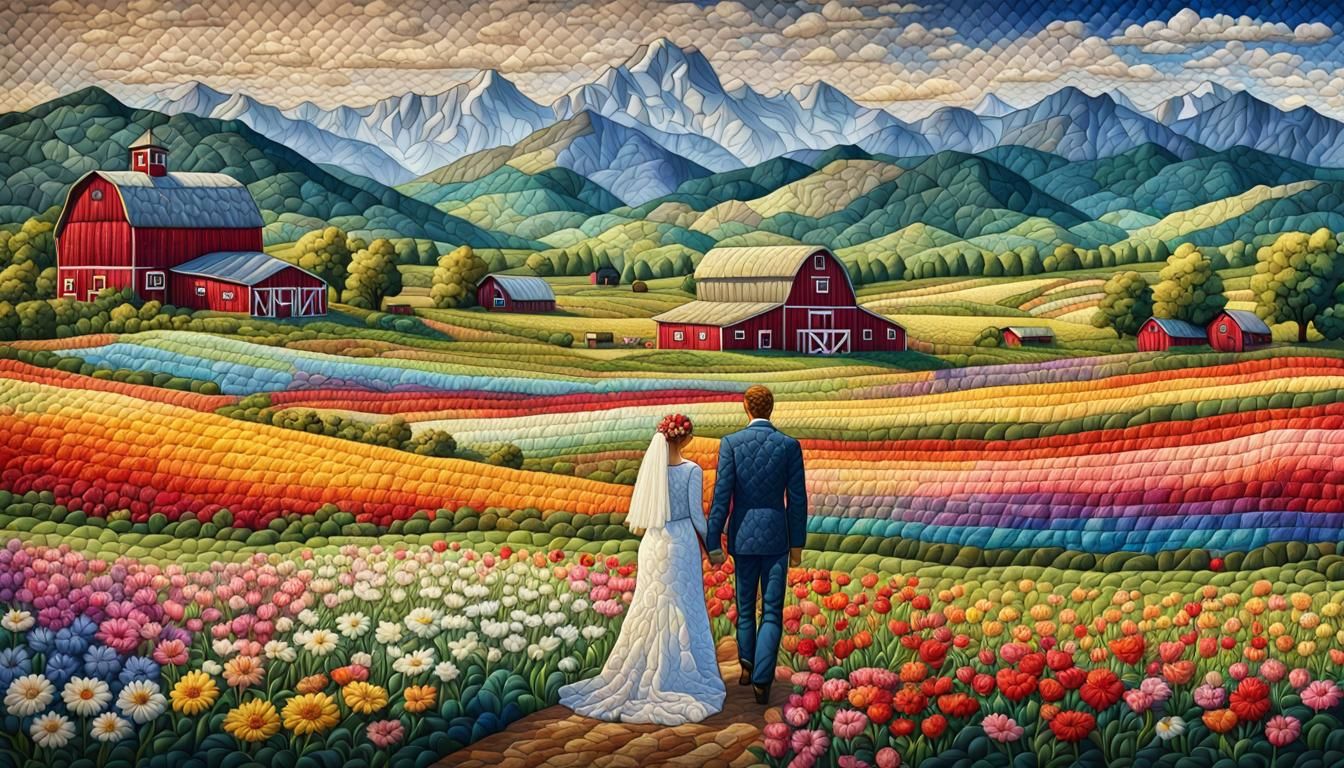 Floral Marriage Quilt in Impressionist Gouache Style