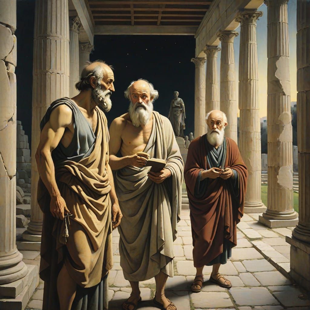 Ancient Greek Philosophers in a Dreamlike Athenian Agora