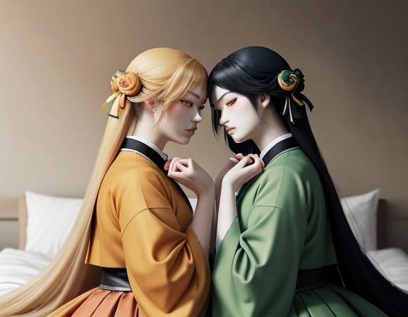 Kitsune Twins Kissing: Dark Fantasy Manga Art
