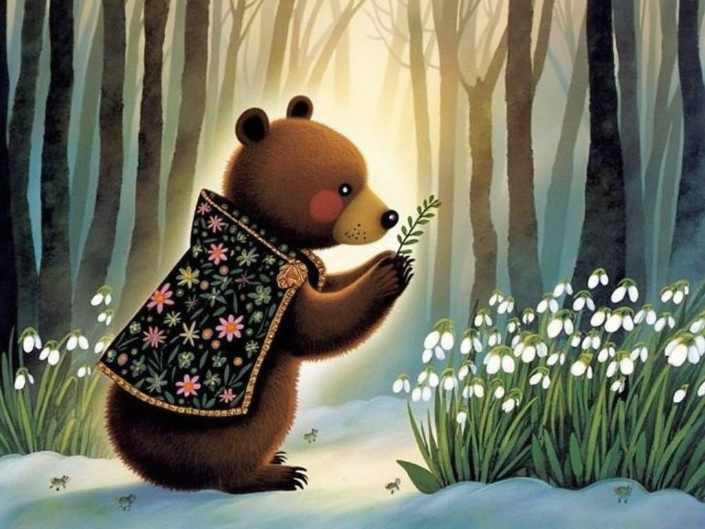Whimsical Brown Bear Cub Discovers Snowdrops in Enchanted Fo...