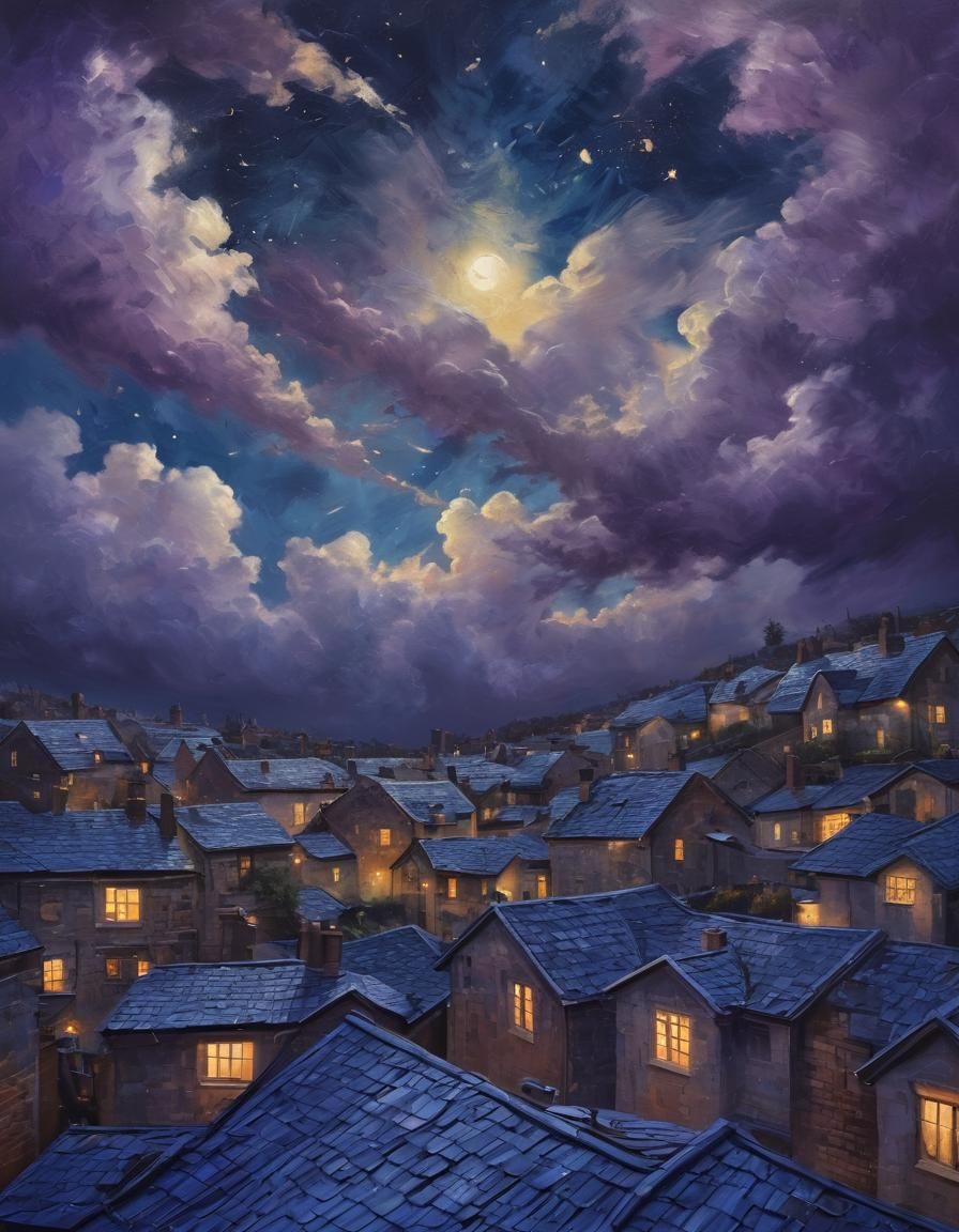 Expressive Night Sky Impasto Painting Over Calm Town