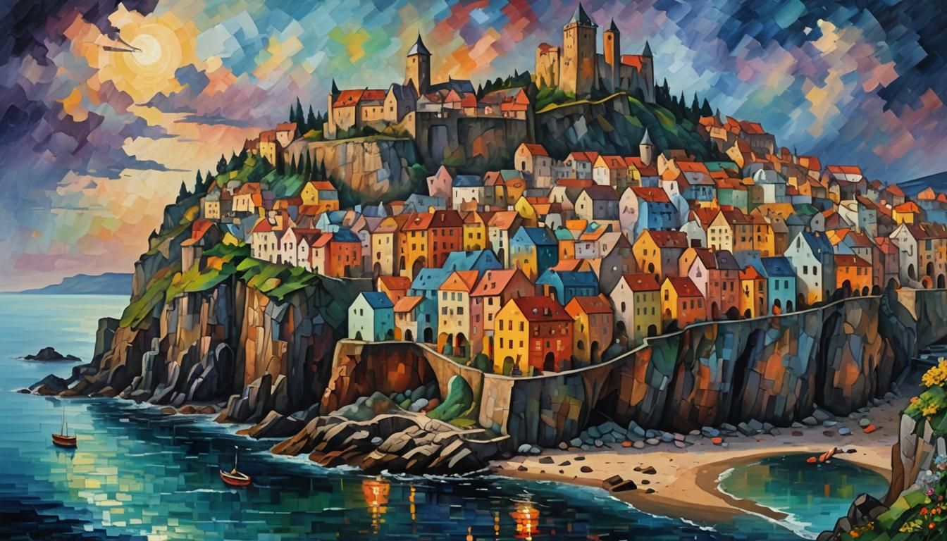 Fantasy City with Cliffside Castle: Impressionist Painting