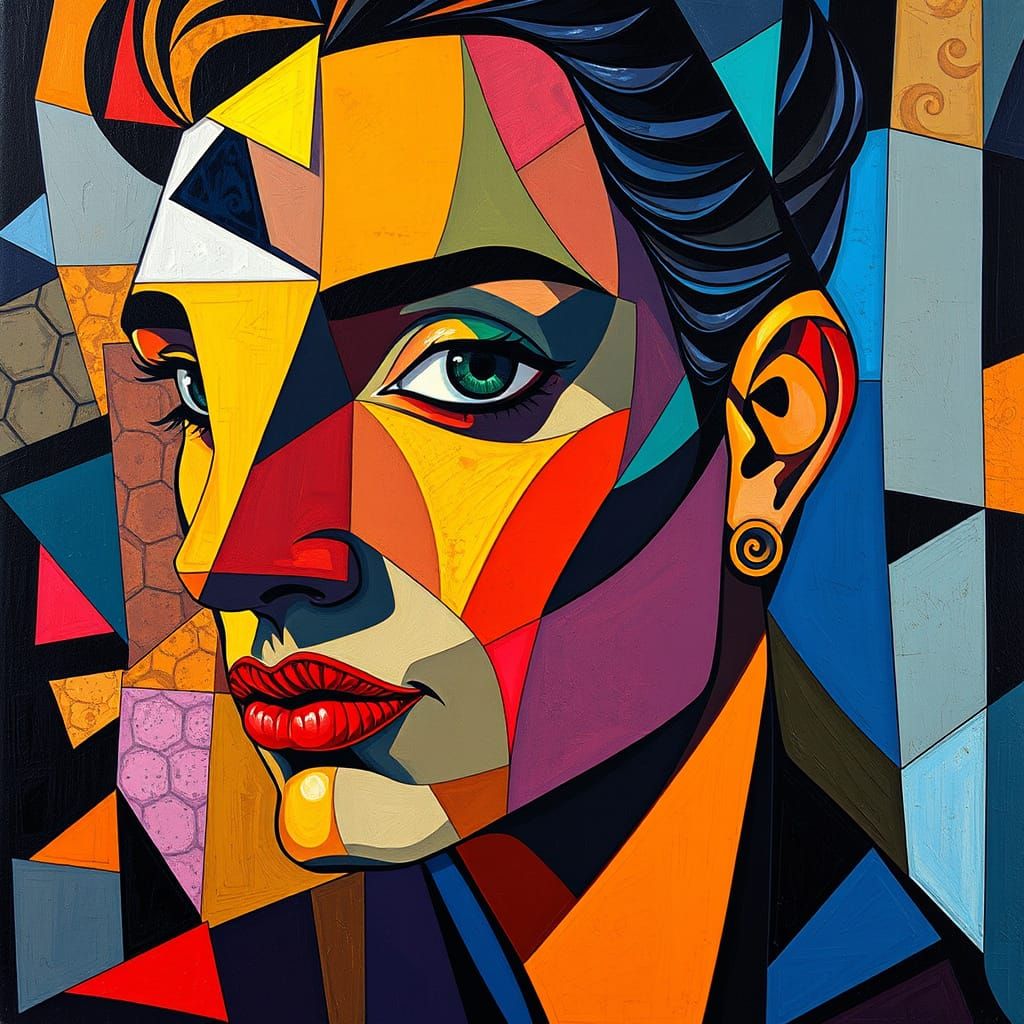 Neo-Cubist Portrait in Vibrant Oil Painting with Art Deco Ac...