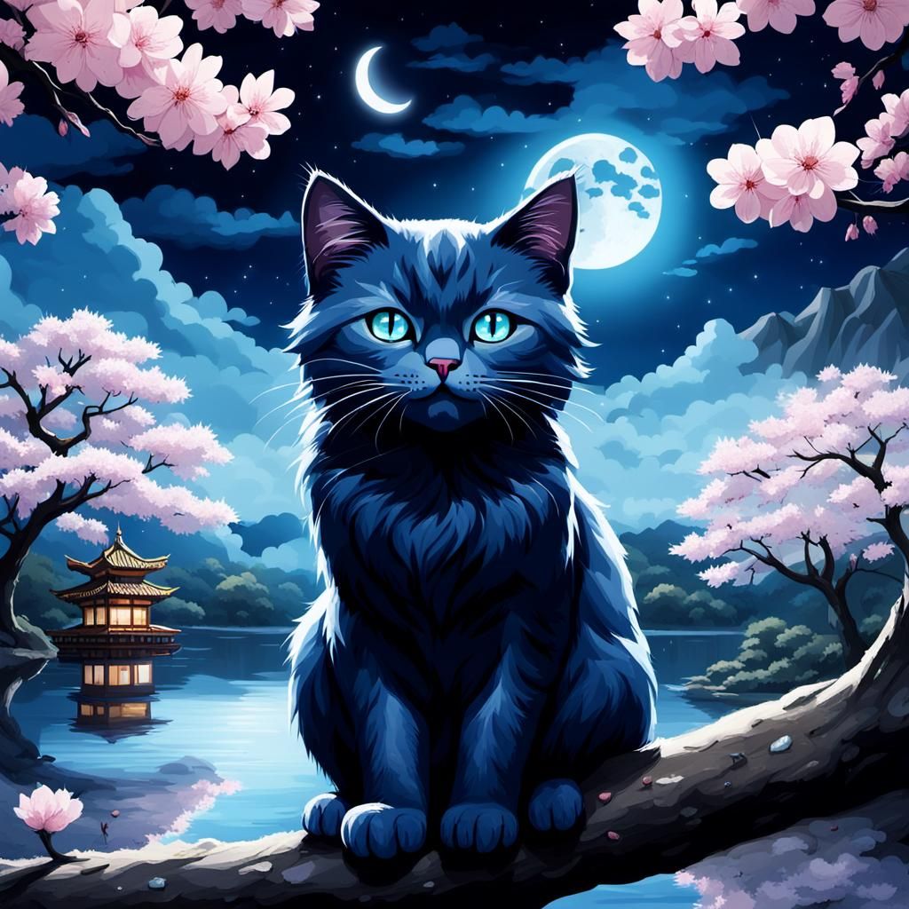 Dark Blue Cat in Sakura Forest at Night