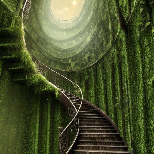 Lush Vines Adorn Abandoned Spiral Staircase