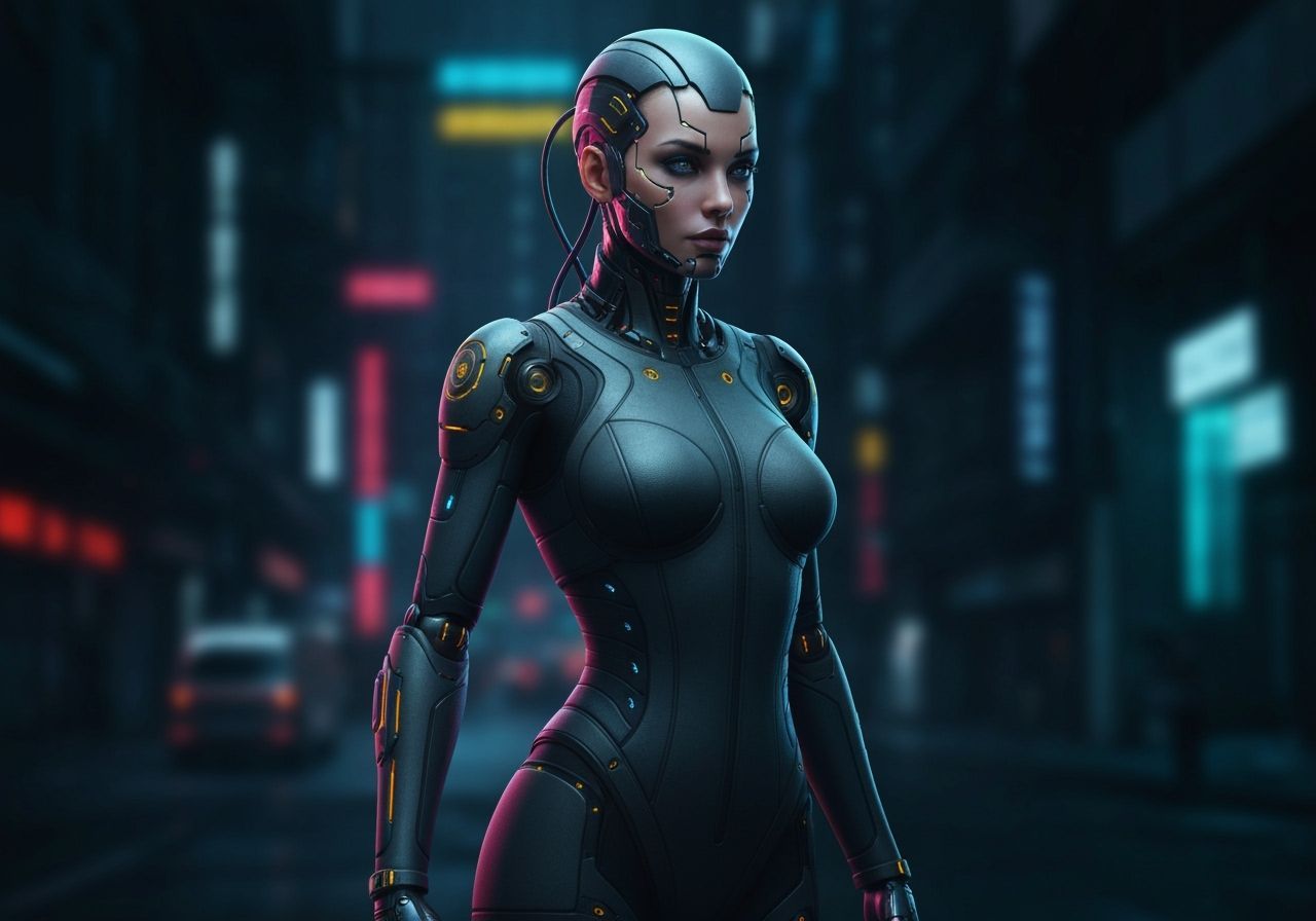 Cyberpunk Goddess in Neon Cityscape, Hyperrealistic Portrait