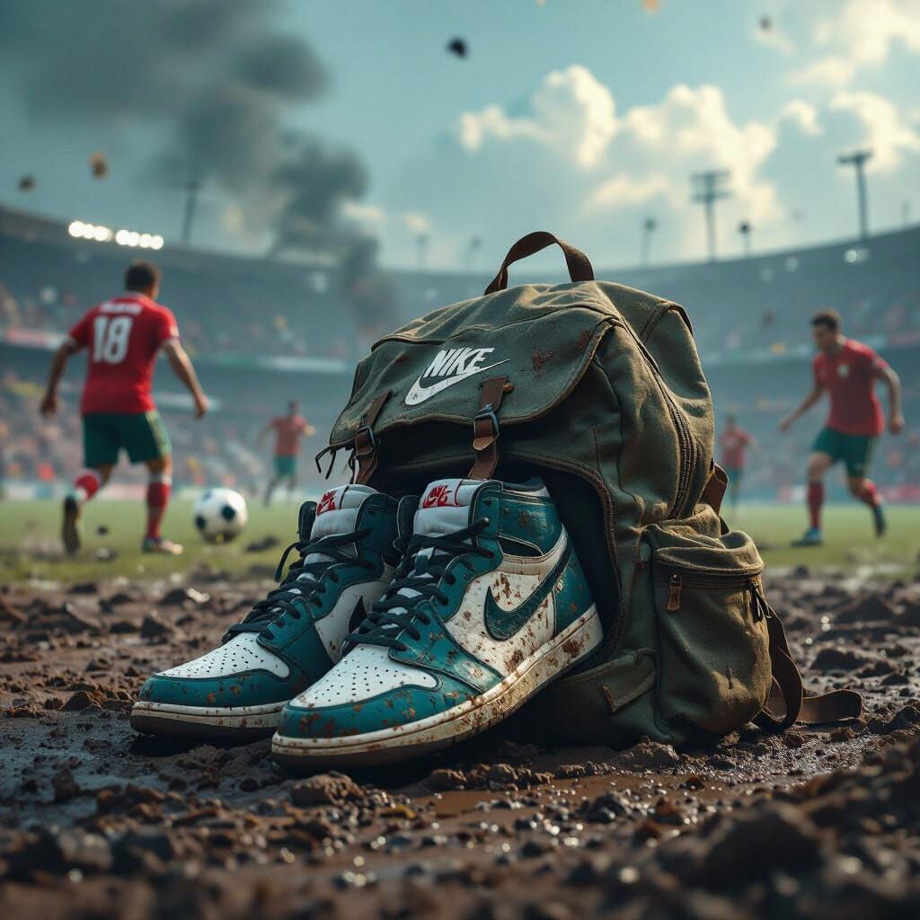 WWII Battlefield Abandoned Nike Backpack Amidst Football Mat...