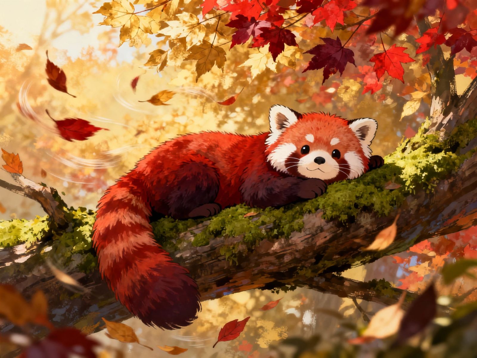 Fluffy Red Panda on Autumn Branch in Ghibli Style