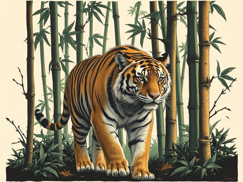 Whimsical Tiger in Bamboo Forest Print