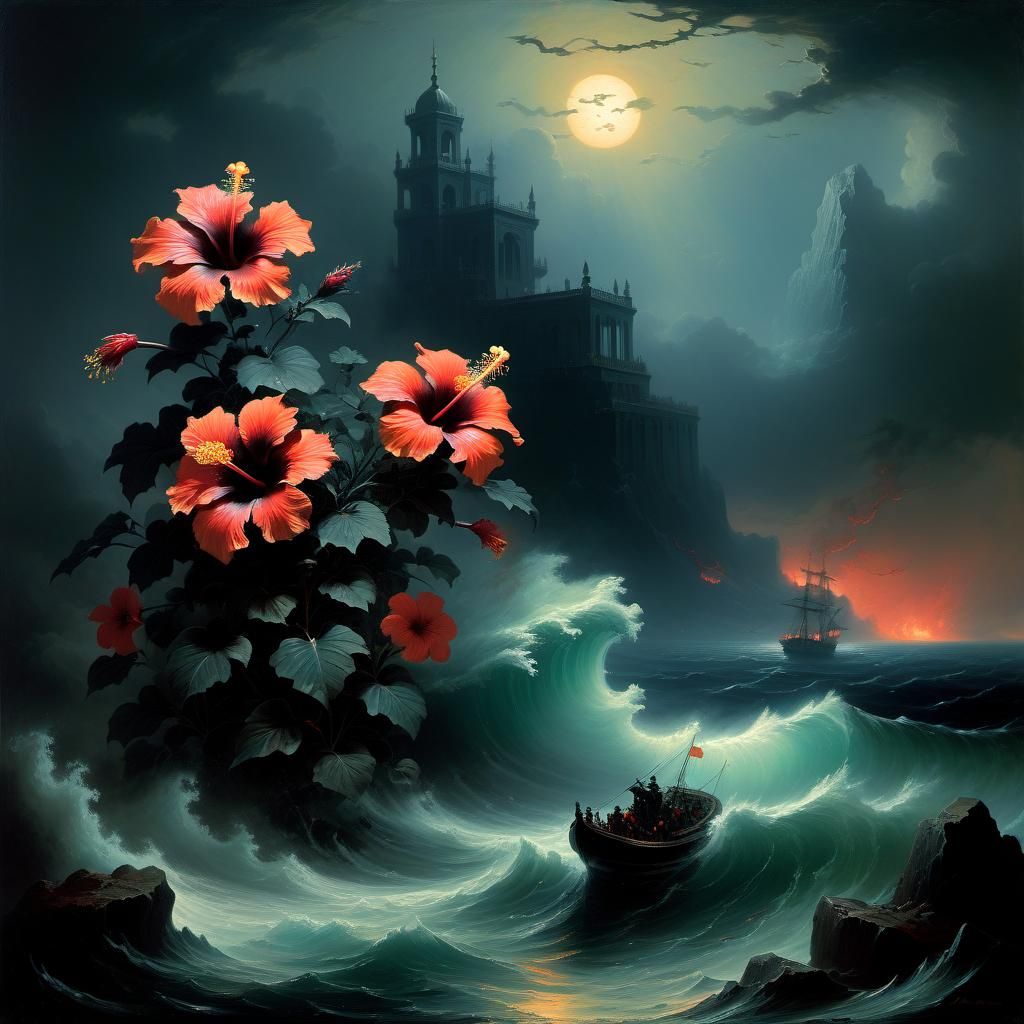 Sinister Carnivorous Hibiscus in Dark Fantasy Style
