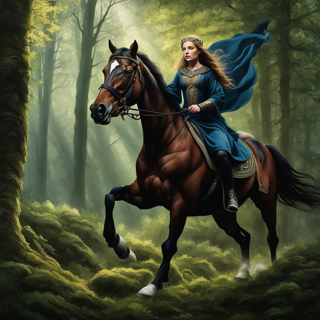 Celtic Maiden on Horseback in Realistic Style