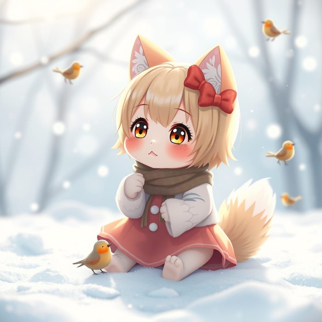 Neko Girl Playing in Snow with Birds in 3D Anime Style
