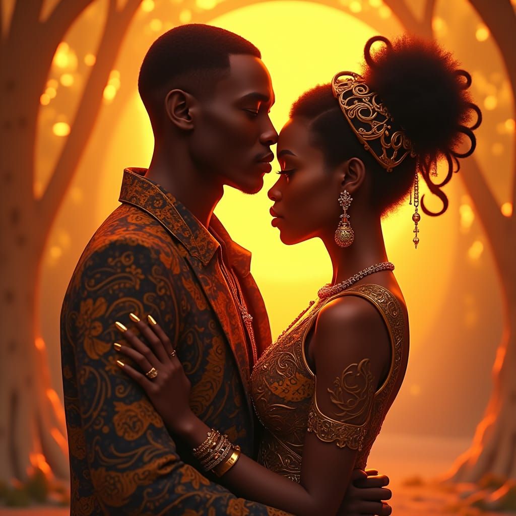 Romantic African Couple in Anime-Inspired 3D Art