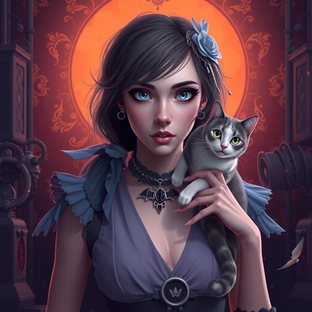 Mysterious Gothic Beauty with Black Feline Companion