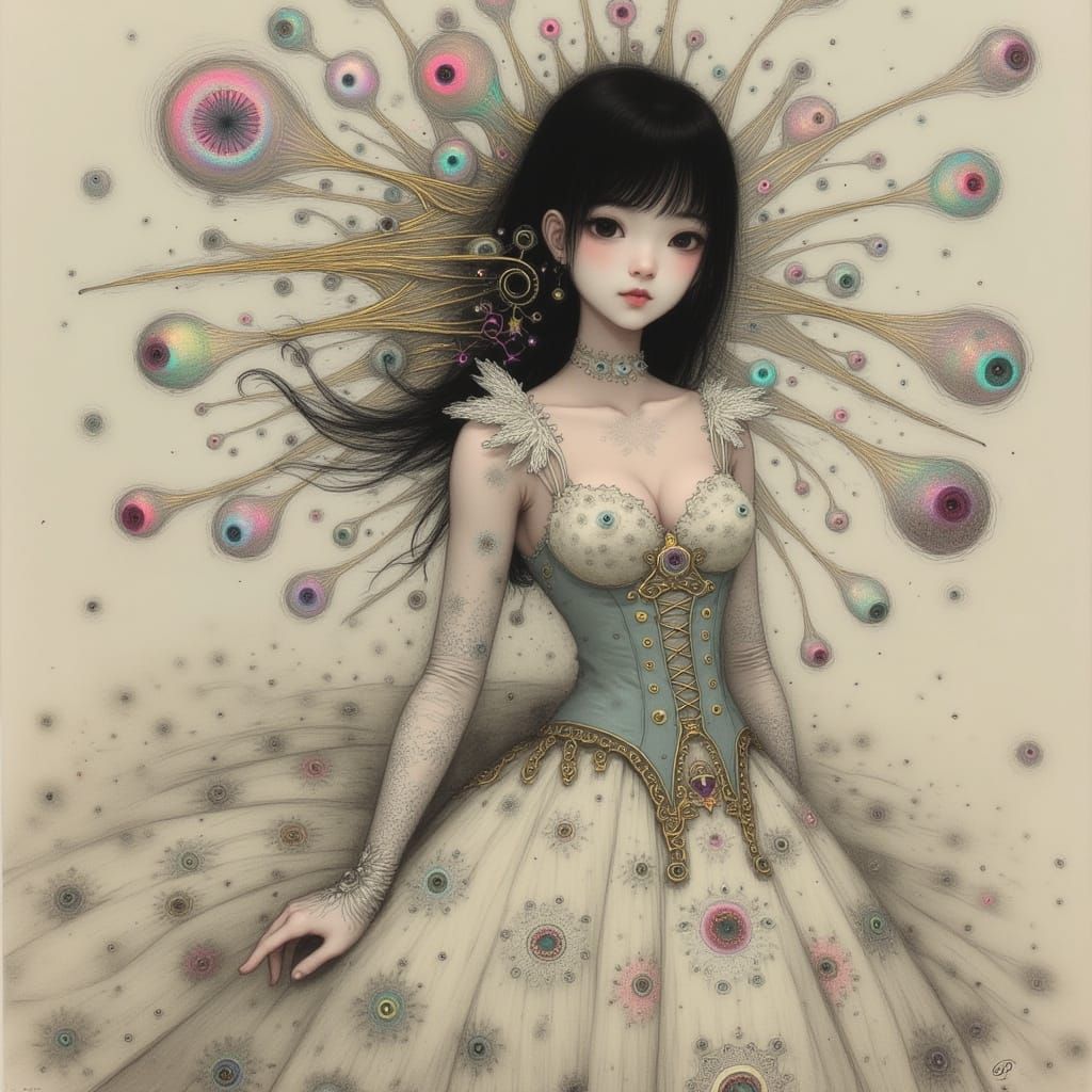 Ethereal Victorian Woman Amidst Whirling Sonnets in Anime St...